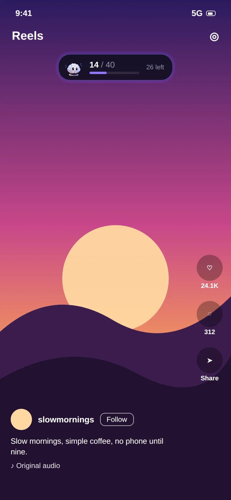 Brainrot live counter showing 14 of 40 reels over a Reel on Android