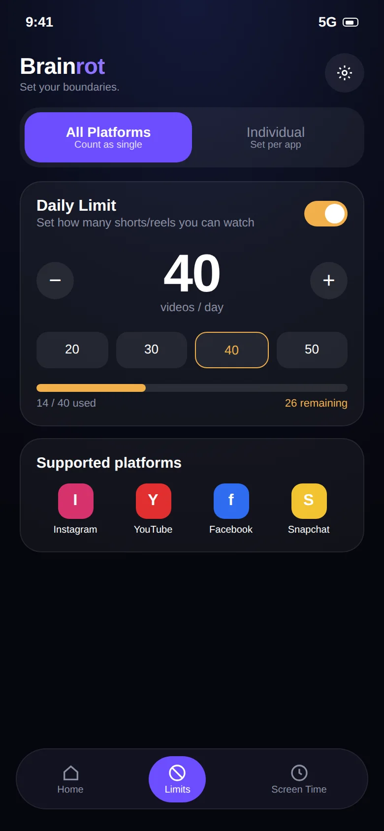 Brainrot daily limit screen with Instagram, YouTube, Facebook and Snapchat